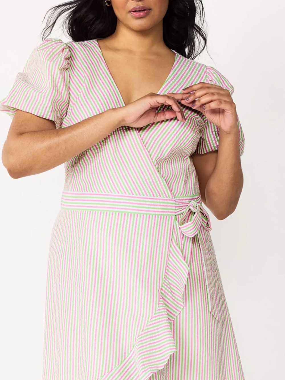 Draper James Pink and Green Striped Midi Wrap Dress